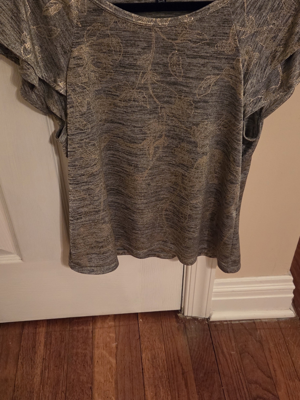 White House Black Market Heathered Gray Flutter Sleeve Top with Gold Leaf Detail